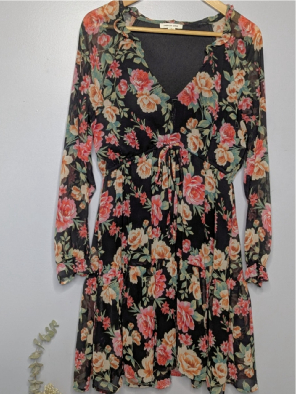 American Eagle Black Floral Chiffon Long Sleeve Tiered Mini Dress V-Neck L
